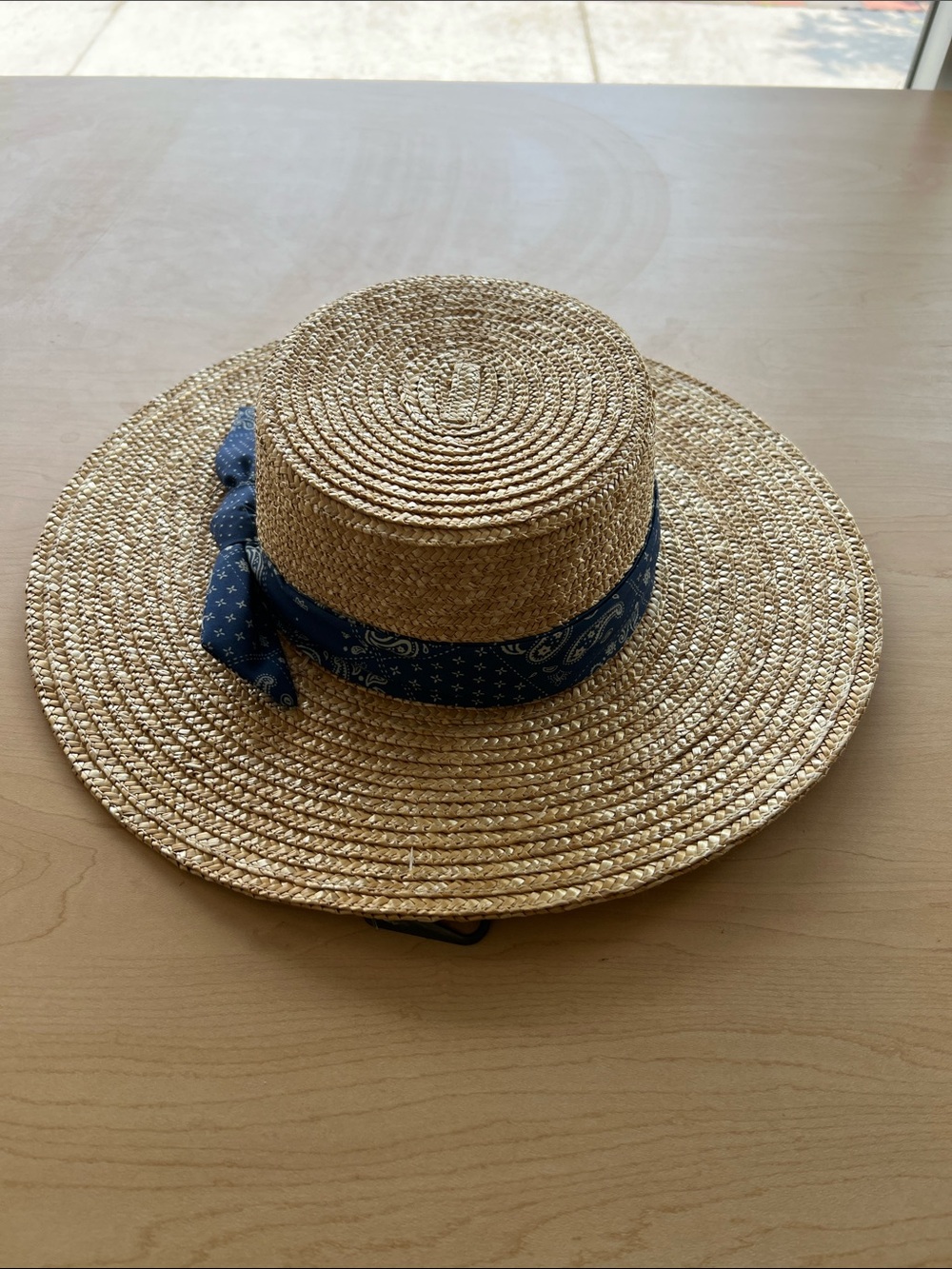 August Hats Natural Straw Sun Hat with Blue Bandana Accent